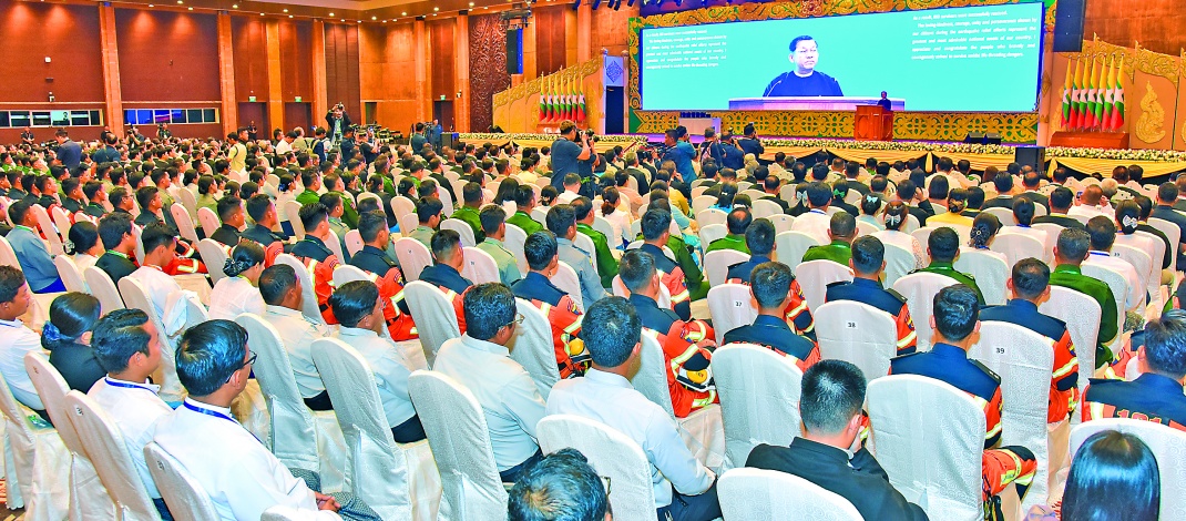 First anniversary of the Mandalay Earthquake marked; Acting President of the Republic of the Union of Myanmar, Chairman of the State Security and Peace Commission, Senior General Min Aung Hlaing delivers address and presents honorary medals to internal and external organizations in recognition of their participation in earthquake response undertakings